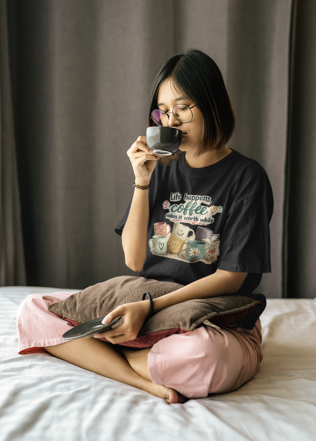 "Life happens, coffee makes it worth while" - Coffee T-Shirt